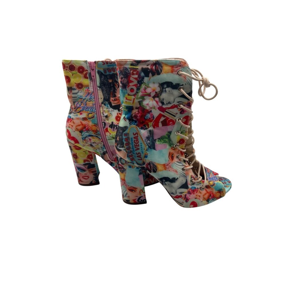 Chase & Chloe Size 7 Las Vegas Print Lace-Up Peep-Toe Ankle Boots - Picture 2 of 14